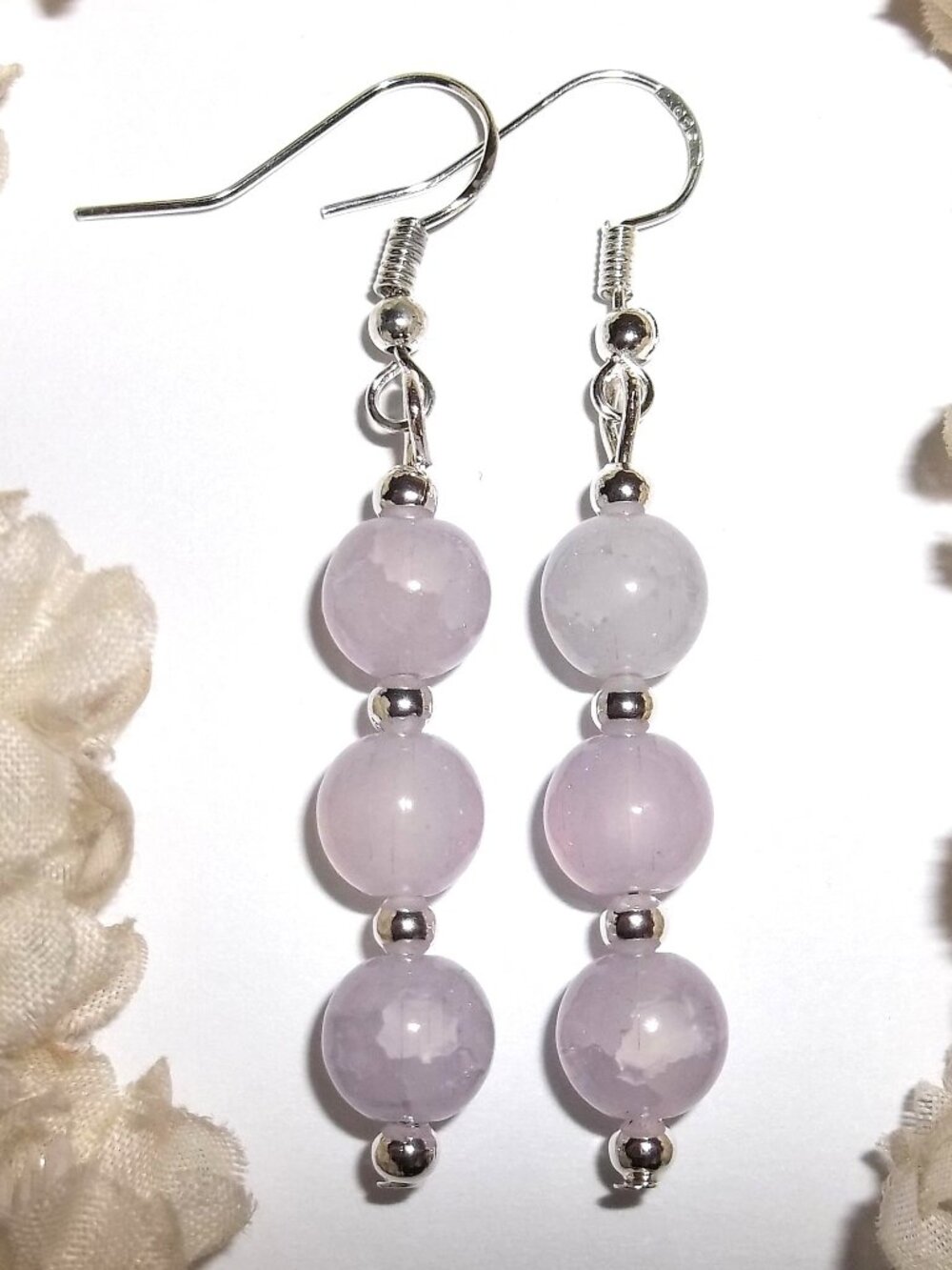 Light Purple Earring Crackled Bead Silver Beaded Dangle and Drop Set Pair D9139